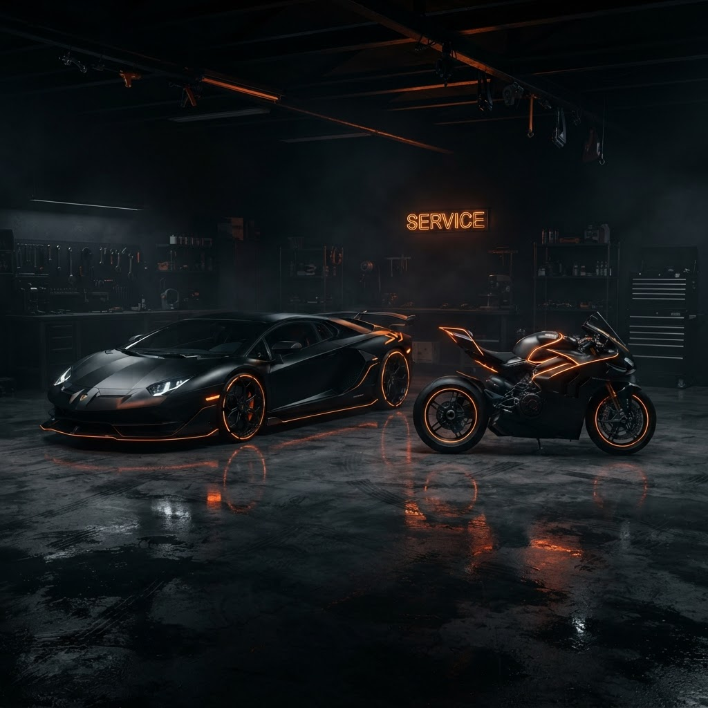 Premium car and motorcycle in the Sachin Motors service garage